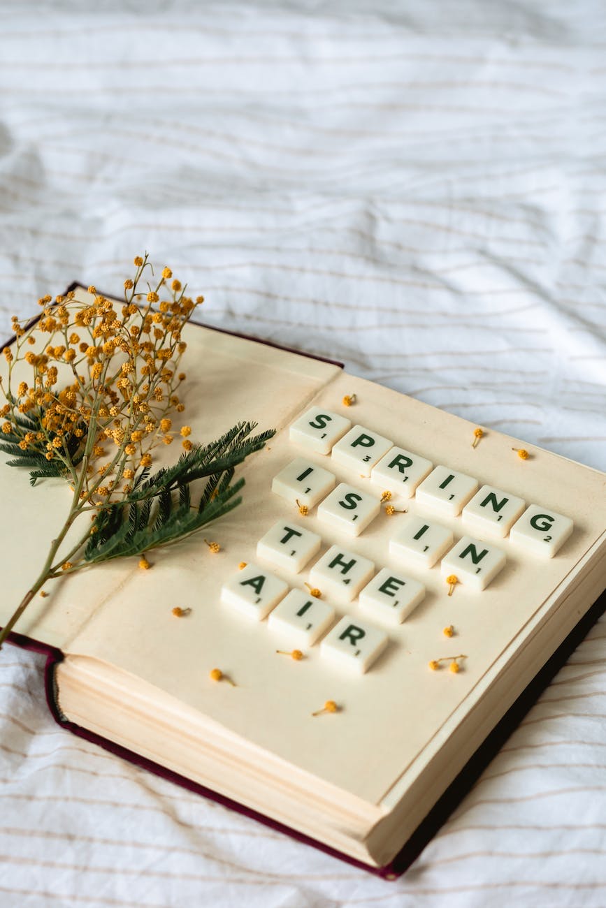 scrabble letter tiles over a book
